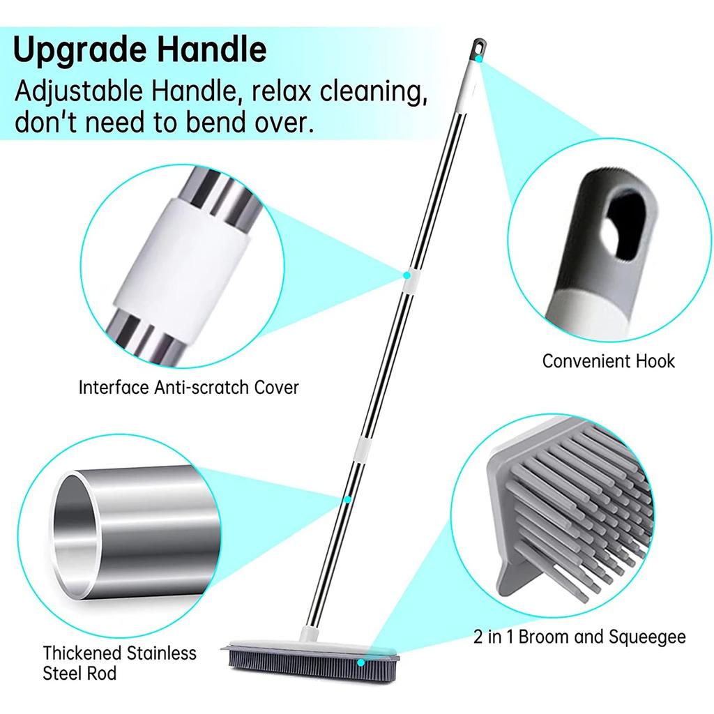 2 In 1 Rubber Broom Carpet Brush with Adjustable Long Handle Soft Push Broom for Pet Cat Dog Hair Fur Removal Carpet Floor Brush
