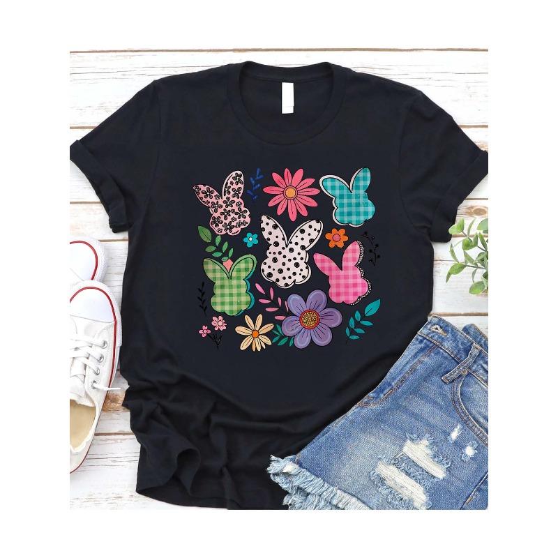 Women s Cotton Black T-Shirt with Plaid and Floral Bunny Design - Easter Edition S чёрный