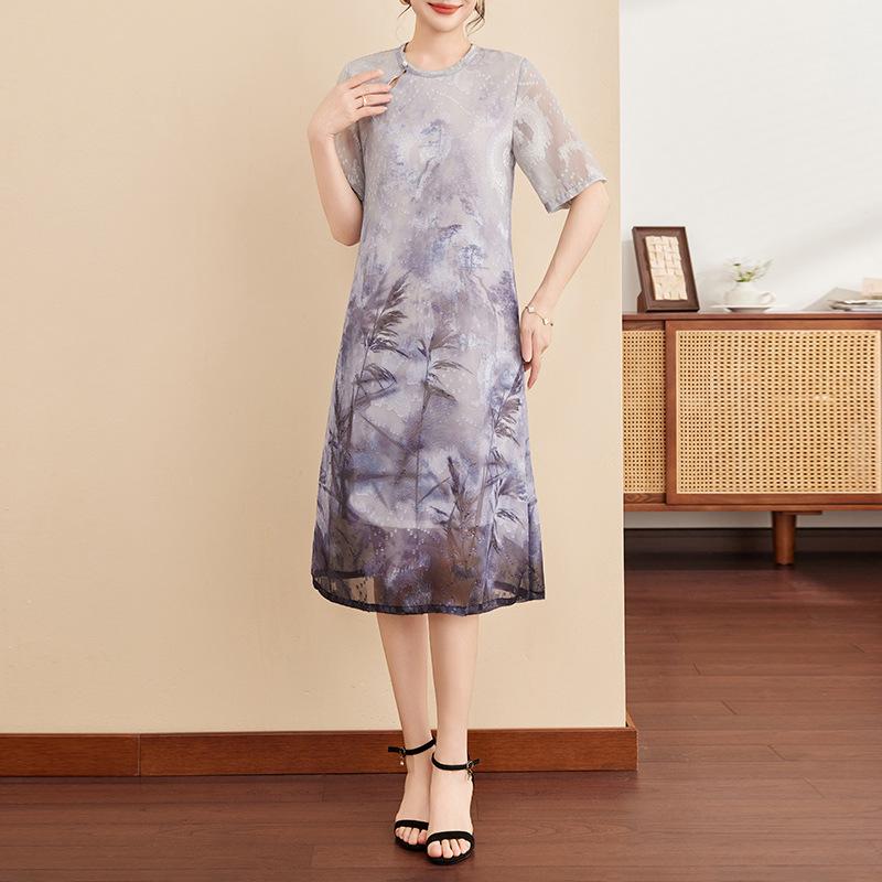Elegant Chiffon Cheongsam: Stylish Summer Short-Sleeved Dress for Middle-Aged and Elderly XXL