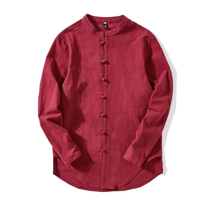Jarní lněné košile Muži Čínský styl Retro košile s dlouhým rukávem a zapínáním na knoflíky Jednobarevné Stojací límečky Volné Topy velkých velikostí