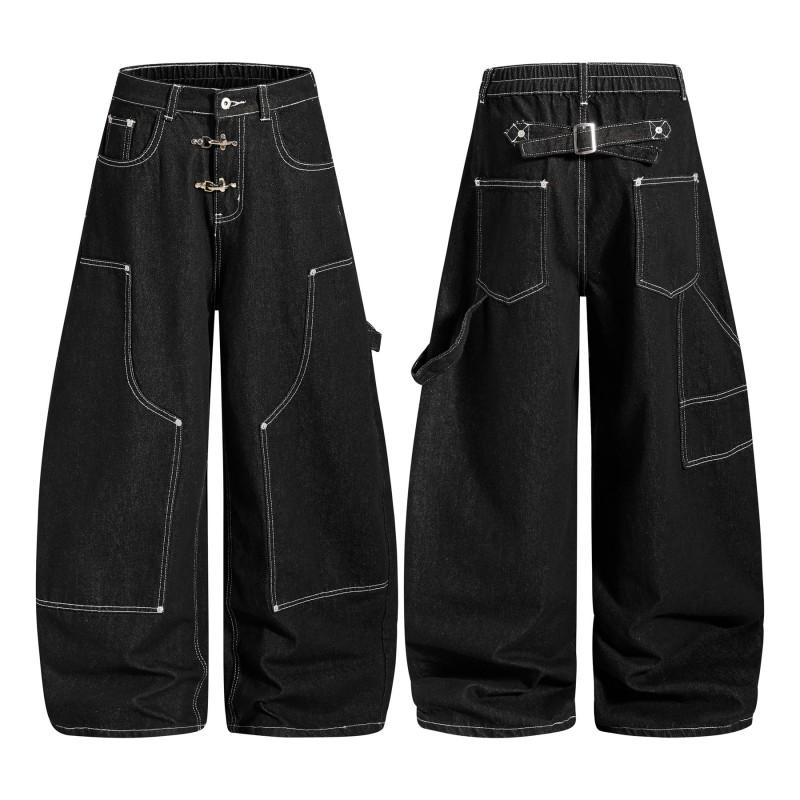 American Retro Workwear Jeans Loose Fit Multi-Pocket Elastic Waist Straight Leg Men Women