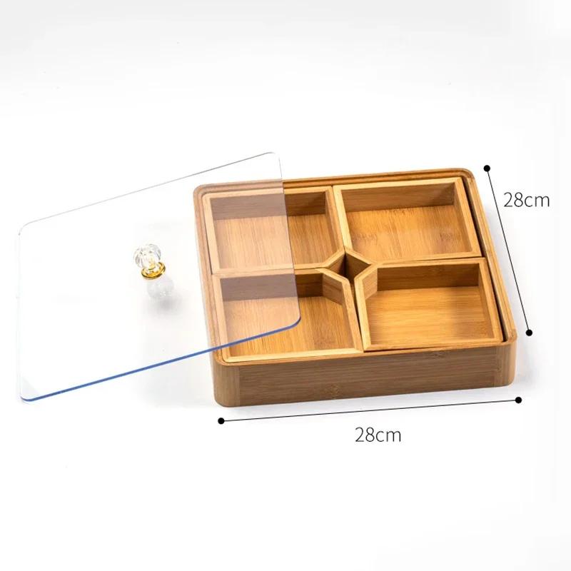 Bamboo Divided Nut Storage Tray Wooden Dried Fruit Candy Serving Trays with Lid Snack Dim Sum Platter for Parties Family
