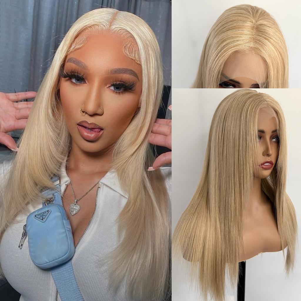 Platinum Blonde Layered Cut Wig Long Silky Straight Lace Front Wigs for Women 13x4 Synthetic Hair Pre Plucked Natural Hairline