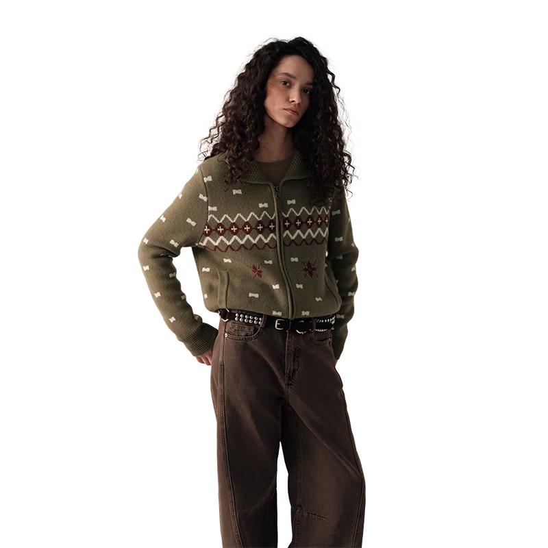 GREEN BELT Women's Pure Wool Fair Isle Knit Cardigan