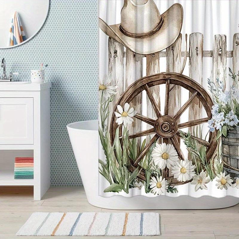 1pc Rustic Western Shower Curtain, Wooden Wagon Wheel & Cowboy Design, Wildflowers Daisies, Durable Bathroom Decor