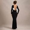 Women's Fall Temperament Round Neck Long-sleeved Backless Bow Slim High-waisted Dress