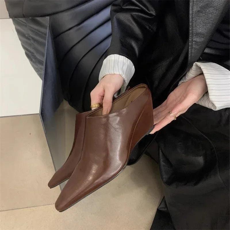 Pointed Toe Platform Slippers wedges Leather Fashion Shoes Women Sanbals New Casual Flip Flops Dress Trend Mujer De Zapatillas