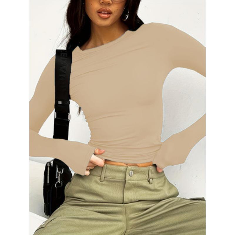 Solid Color Casual Round Neck Long Sleeved T-shirt Top