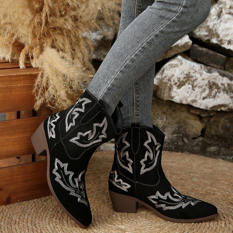 Fashion Woman  Suede Boots Fashion Slip On Ladies Embroider Square Heel  Retro Pointed Toe Women's Mid Calf  Boots Shoes Footwear 954