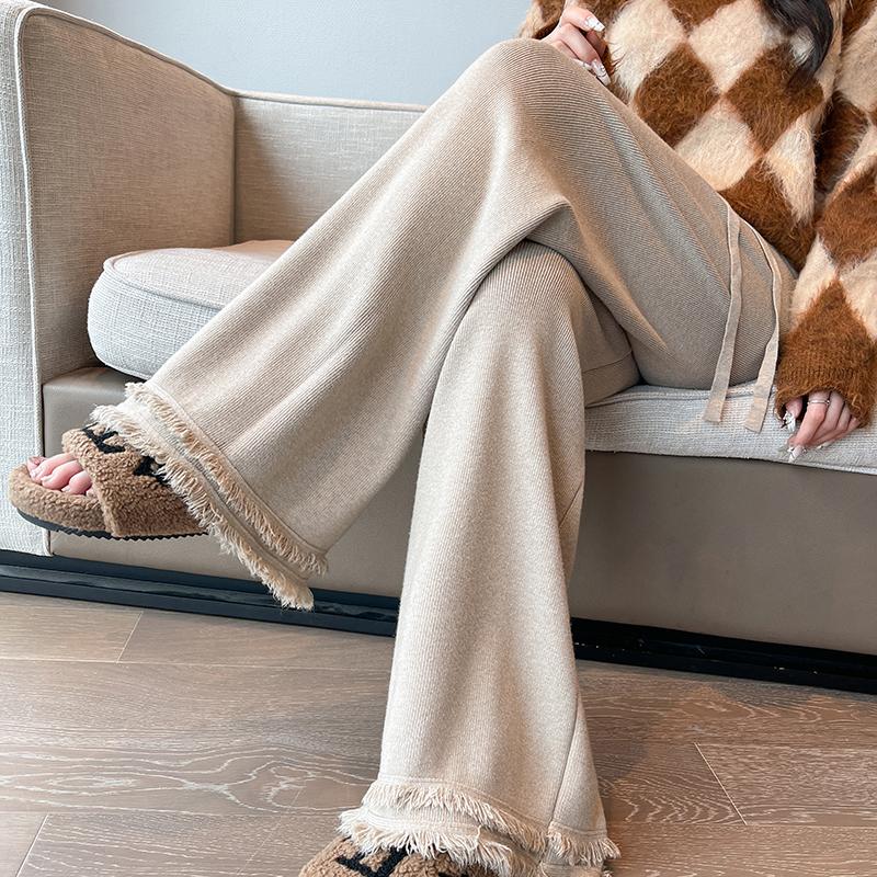 

Модные винтажные трикотажные брюки с кисточками, широкие брюки для женщин, осень и зима, высокая талия, однотонные, узкие, повседневные брюки, женские, элегантные, простые, большого размера, брюки 25701 2XL хаки