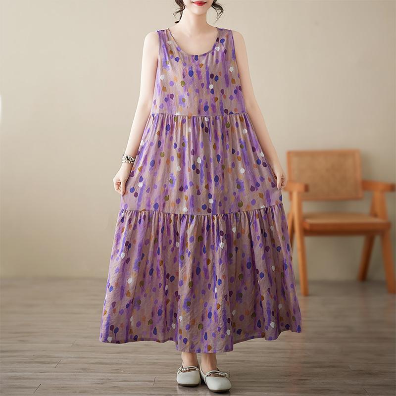 DIMANAF 2025 New Summer Women Plus Size Loose Vintage Dot Printing Dress Basic Sundress Casual Long Dress