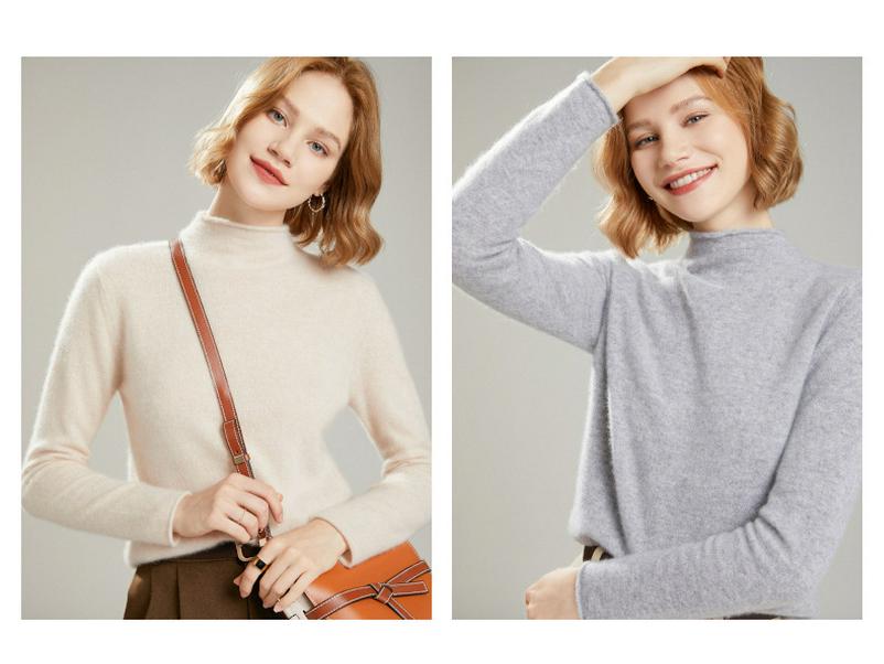 Women's Pure Wool Semi-High Neck Cashmere Sweater - Slim Fit, Versatile Knitted Design