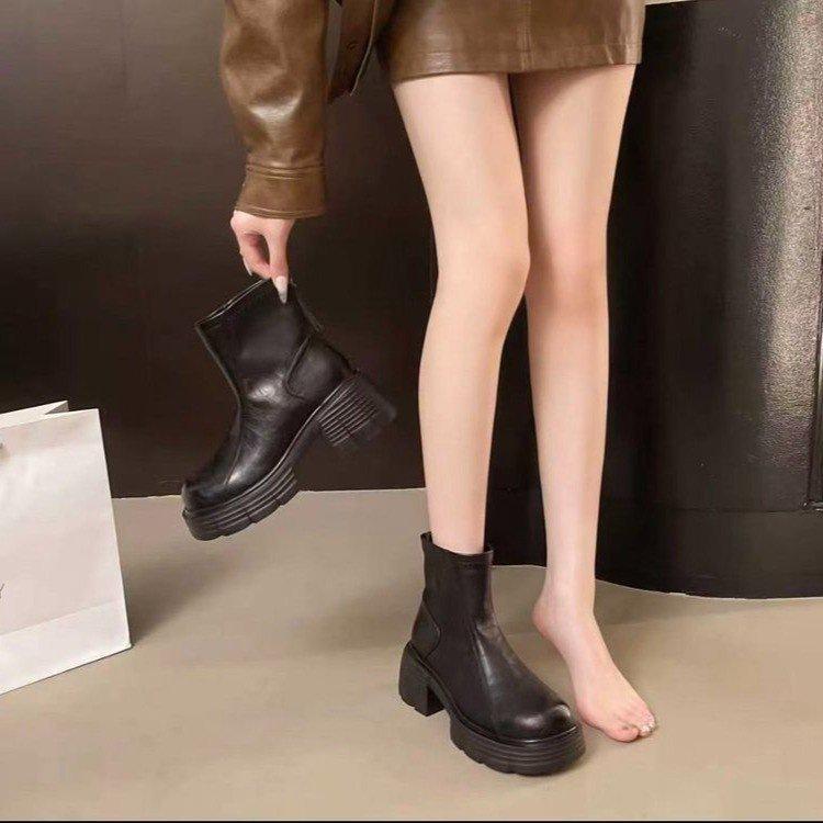 Thick-soled Chelsea High-heeled Short Boots Women's New Velvet Warm Short Boots 2025 Autumn and Winter Wear-resistant Non-slip Versatile Women's Boots