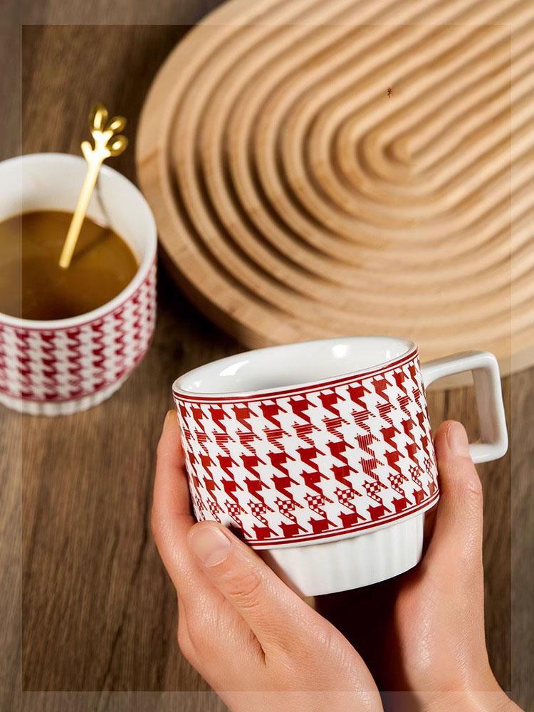 Nordic Houndstooth Ceramic Mug – Retro Coffee Cup with Handle, Spoon Classic Pattern, 400ml