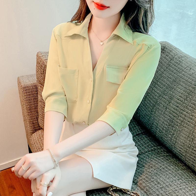 

Весна 2024 Шифоновая женская рубашка с коротким рукавом – Элегантный летний профессиональный топ M