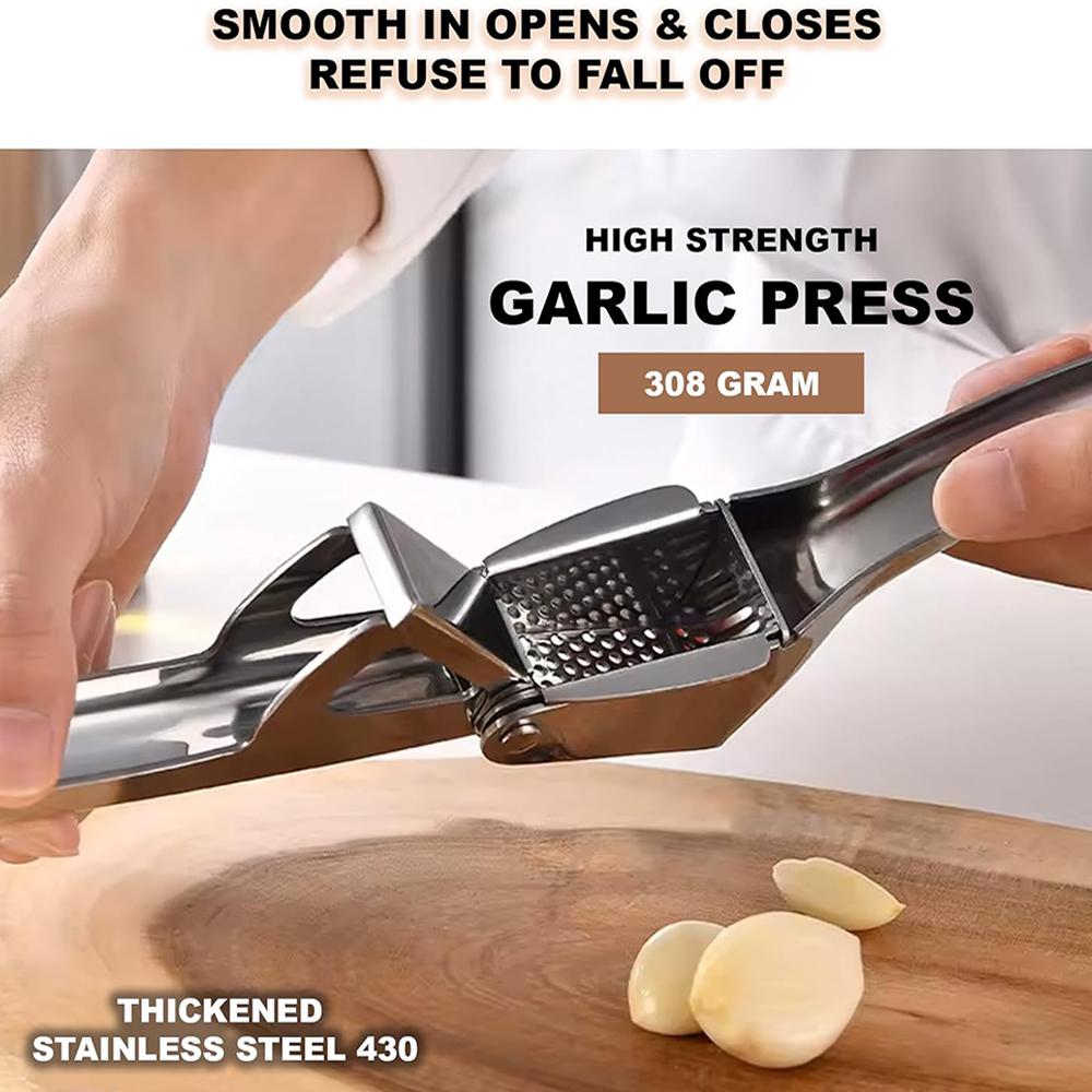 Stainless Steel Garlic Press Ginger Juicer Heavy-Duty Manual Mincer Garlic Crusher for Soups Salads Dips Easy-Clean Kitchen Tool