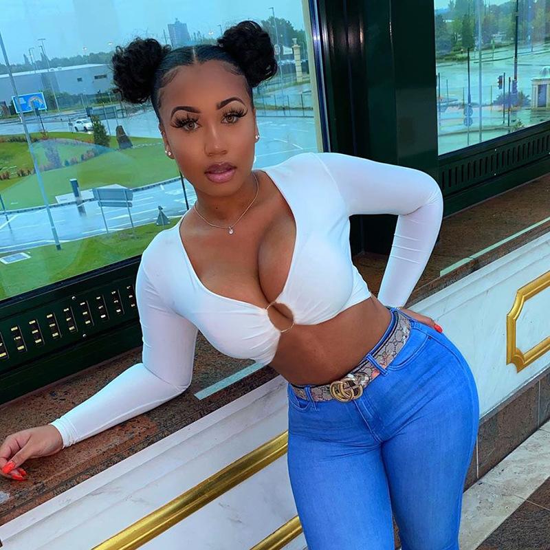 Fashion Women’s Summer Long-sleeved Crop Top Solid Color Hollow Ring Exposed Navel T-shirt Skinny Sexy Ladies New Tees