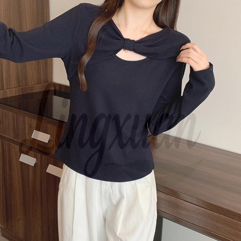 

2026 Spring Plus Size Women s Hollow-out Bowknot Slimming Long Sleeve Top 3XL