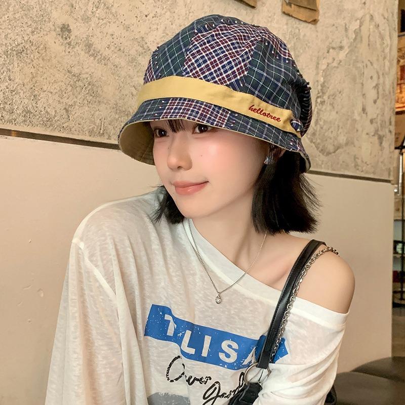 Retro Plaid Color Matching Bucket Hat Women's Niche Versatile Literary Basin Hat Big Head Circumference Showing Face Small Bucket Hat