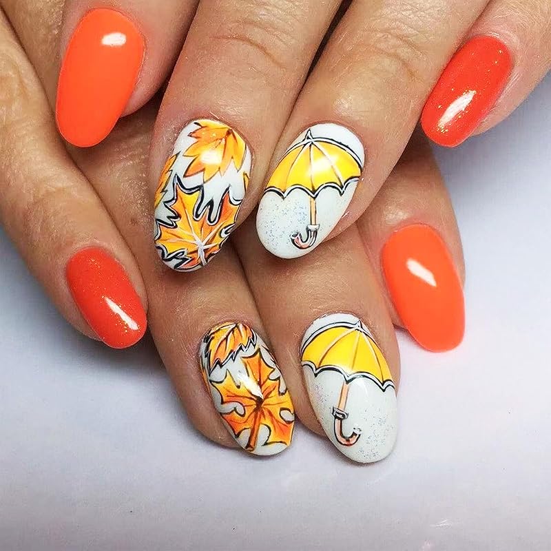 Maple Leaf Press on Nails Fall Leaves Stick on Fingernails Thanksgiving Short Square False Nails 24Pcs Glossy Silver Glitter Acrylic Fake Nail Autumn