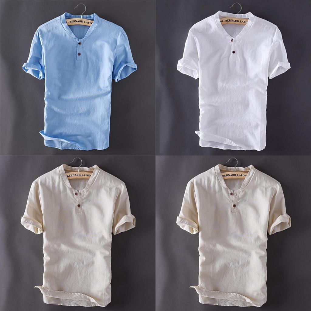 Premium Quality Usa Men's Pullover Linen Short Sleeves Shirts In Solid Cotton Fabric