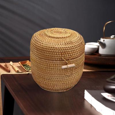 Candy Storage Basket with Lid, Round Rattan Box, Hand for Countertop