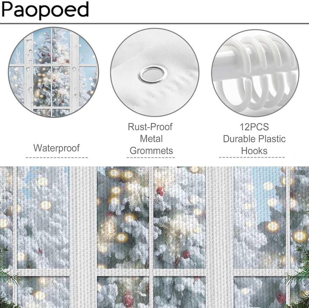 Christmas Shower Curtain Holiday Tree Gifts Window Scene Festive Decor Lights Wreath Bath Decor Waterproof Fabric 150X210