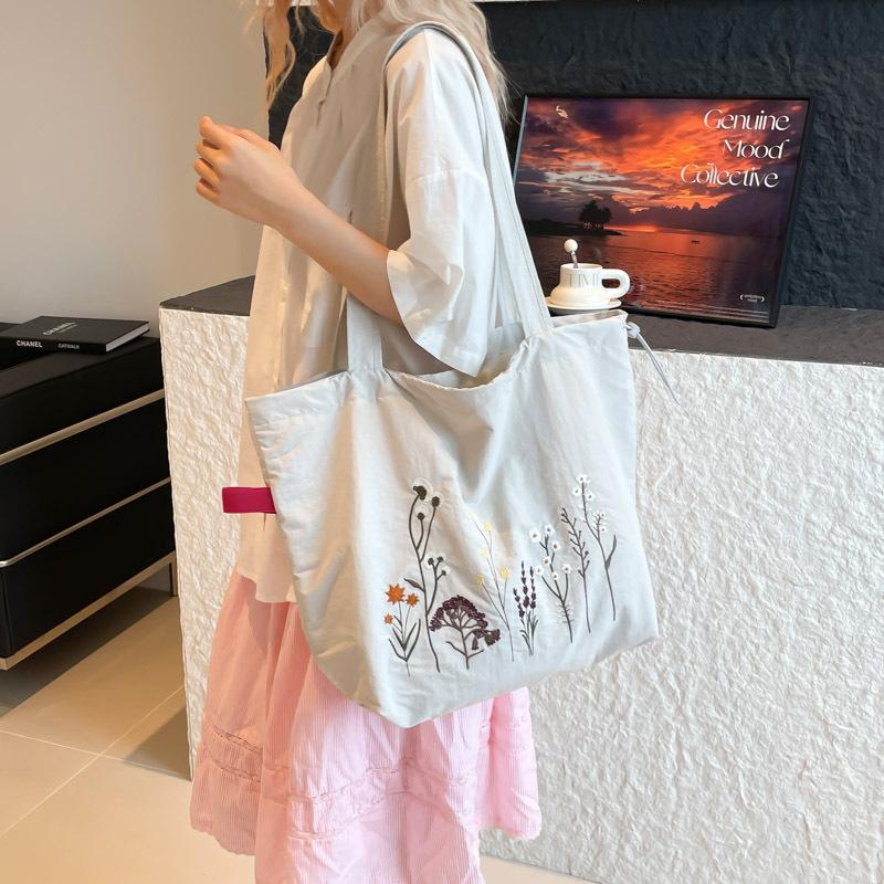 

Летняя новая ретро сумка-тоут большой вместимости с вышивкой, на плечо, с затягивающимся верхом, студенческая сумка для занятий, сумка для поездок на работу серый