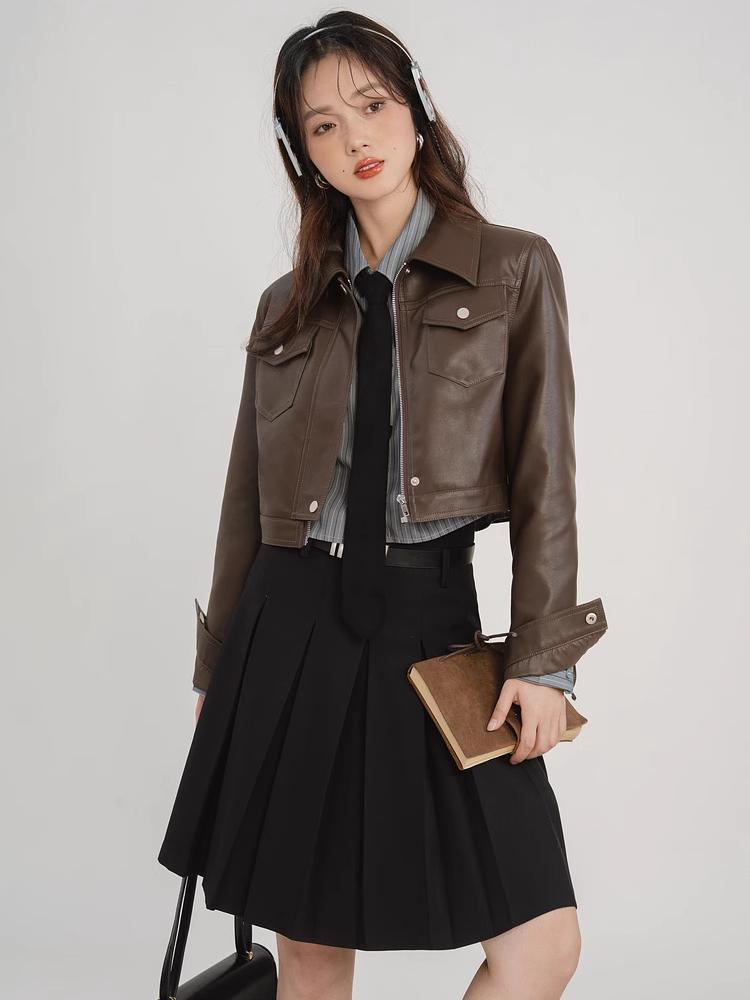 Americký vintage sladký horký dívčí styl kávové barvy dámská kožená bunda podzim nový designový smysl krátká motorkářská bunda top