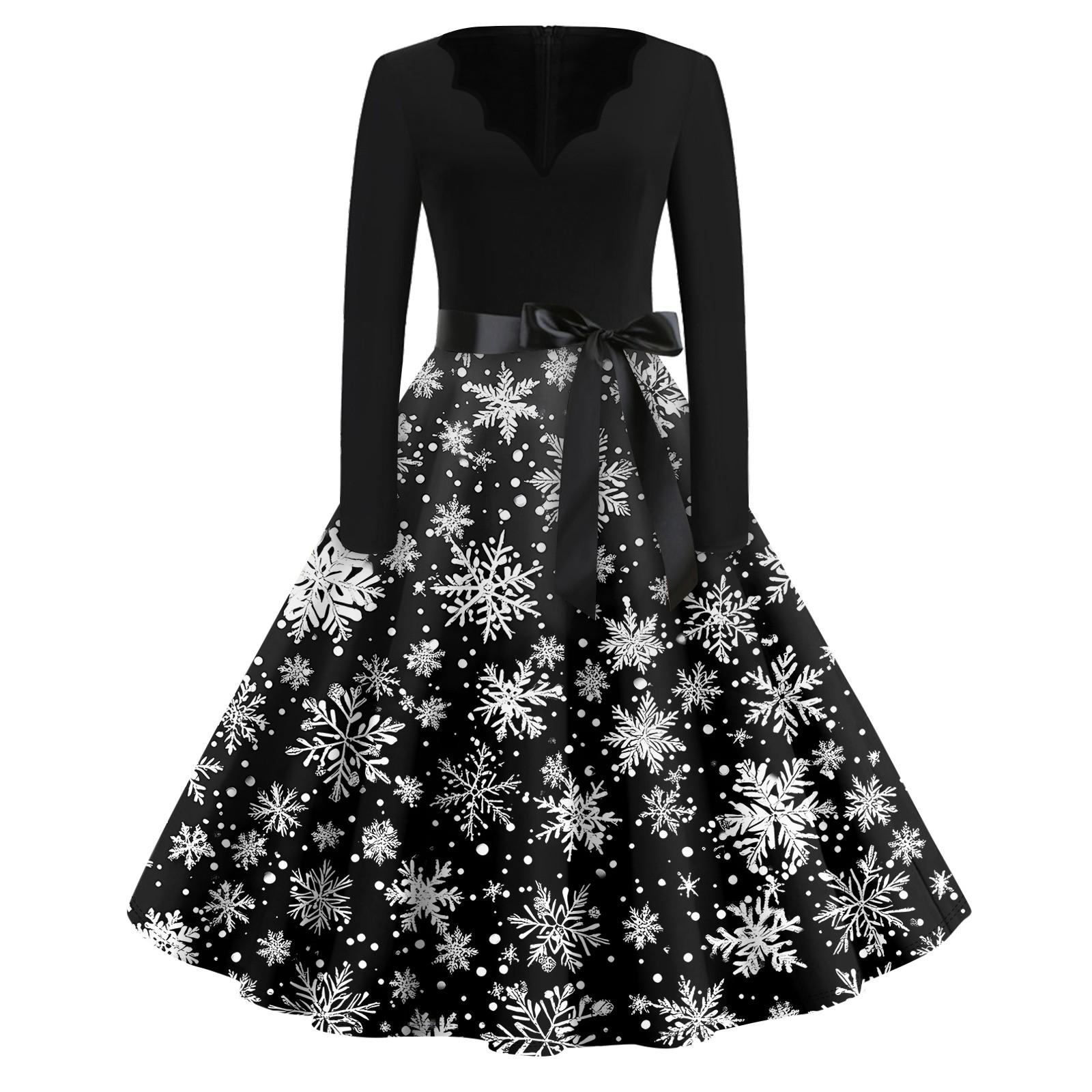 

Рождественский принт расклешенное платье для женщин платье с длинным рукавом полые вечерние повседневные платья XXXL чёрный