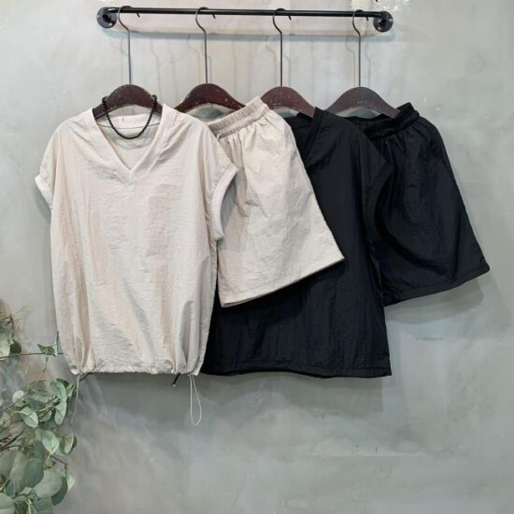 C S In The Room V neCk Cap SleeVe STrIng T ShirT And Bonded ShorTS SeT 2Color