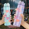 1PC Mixed Pastel Heart Love Pattern Print 750ml Color Plastic Sports Water Bottle Leakproof Flip Straw Lid Suitable for Sports Office Home Use