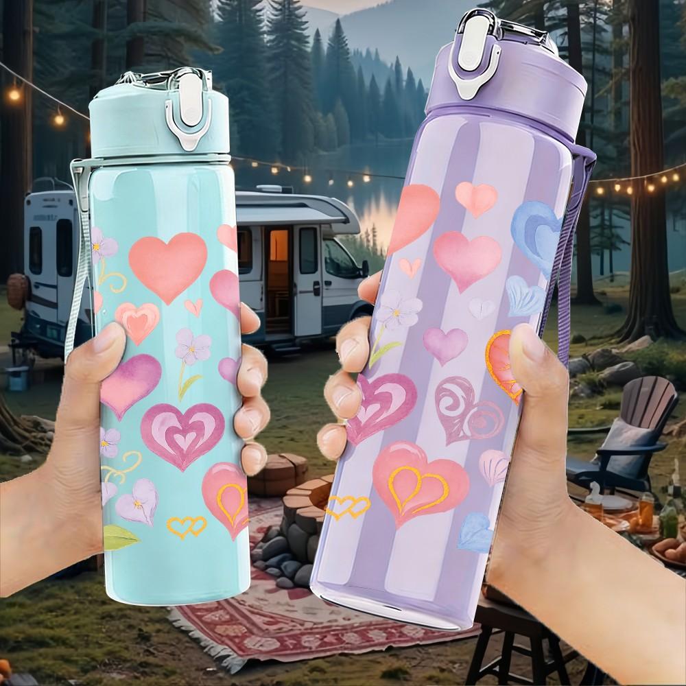 1PC Mixed Pastel Heart Love Pattern Print 750ml Color Plastic Sports Water Bottle Leakproof Flip Straw Lid Suitable for Sports Office Home Use