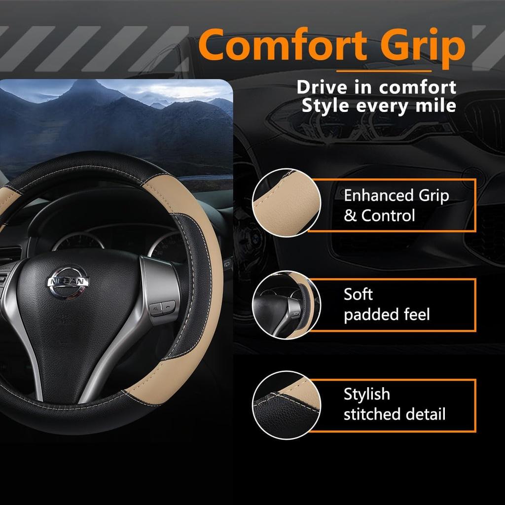 Leather Car Steering Wheel Cover, Non-Slip Car Wheel Cover, Protective Breathable Microfiber Leather, Universal Fit for Most Car