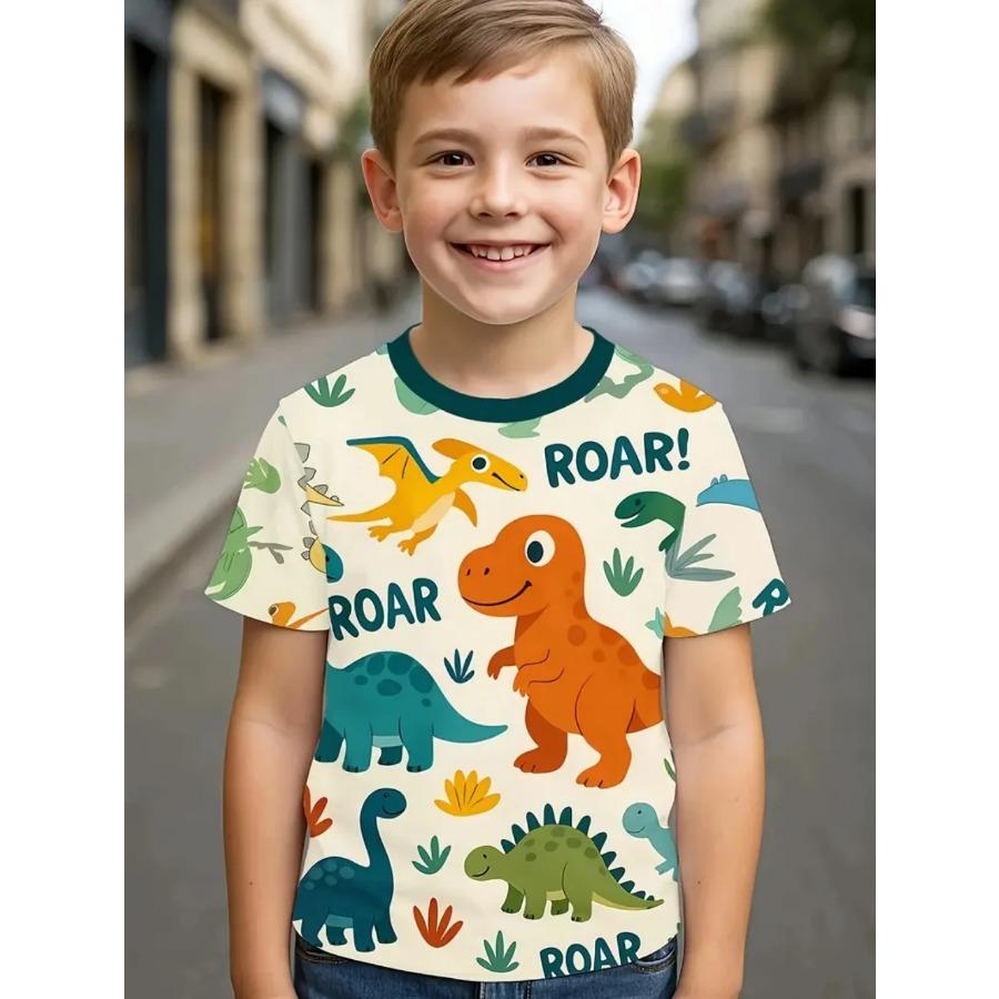 Dinosaur Boys' T-Shirt Colorful Cartoon Print Summer Short Sleeve Tops Fashion Pullover Tees Outdoor Casual Children's Clothing