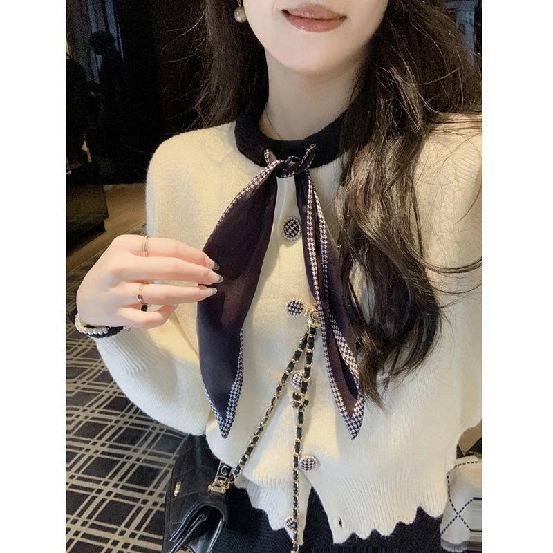 Autumn and Winter New Bow-tie Sweater Cardigan Small Gentle Wind Round Neck Knitted Top Women