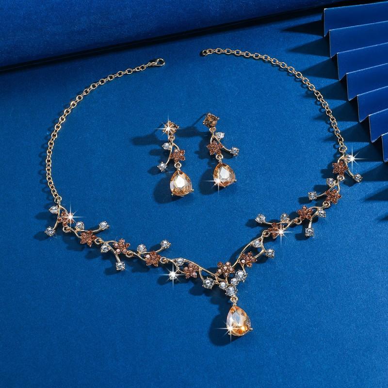 Elegantes Florales Kristall Halskette Ohrring Set Damen Vergoldete Legierung Schmuck Hochzeitsparty Abendkleid