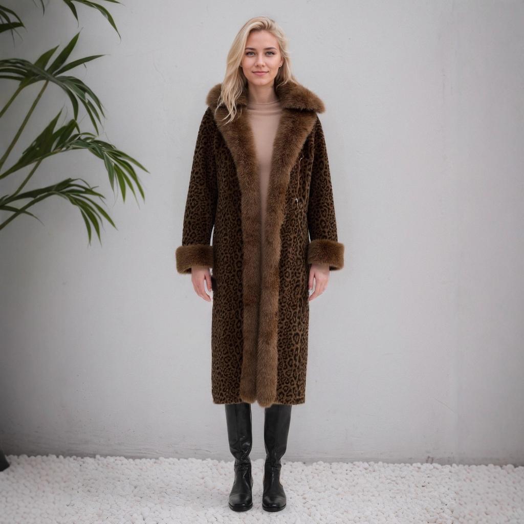 25 European and American Fashion Leopard Print Long Hooded Faux Mink Fur Coat for Women