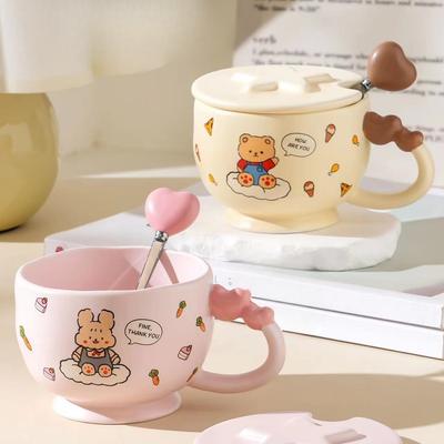 Cream Glue Cute Cartoon Mug with Lid Spoon High Value Water Cup Ceramic Coffee Cup Afternoon Tea Cup