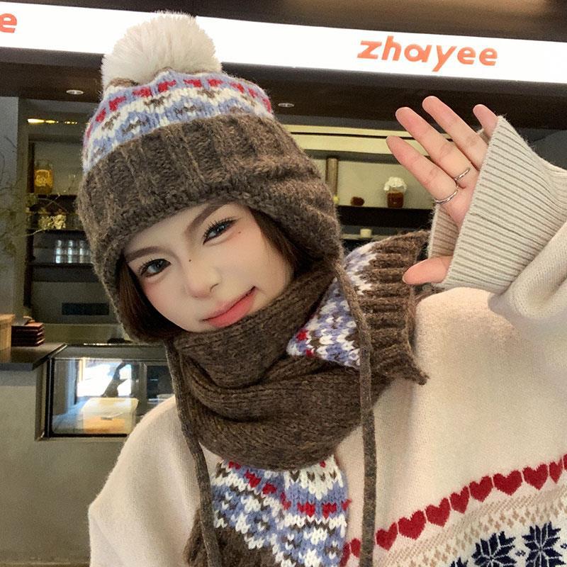 Fair Island wind knitted hat children's ear protection Lei Feng hat autumn and winter big head circumference retro jacquard warm and cold scarf