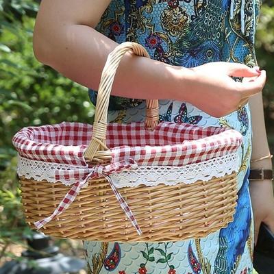 Mehrzweck-Geflochtener Korb Handgeflochten Mit Griff Aufbewahrungskorb Leinenstoff-Futter Picknickkorb Outdoor-Camping