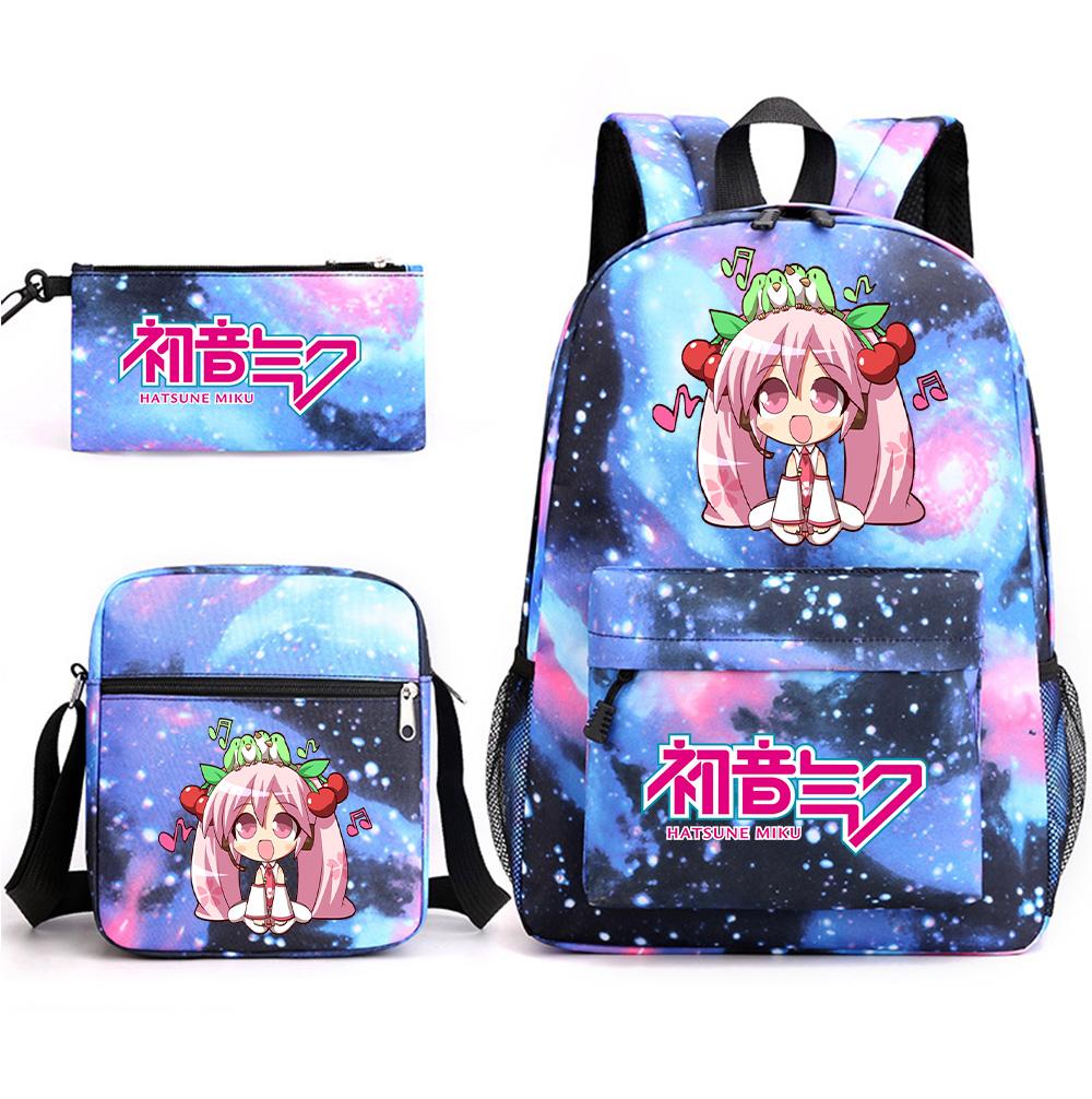 3Pcs/set Anime Cartoon Hatsune Miku Printed Backpack with Shoulder Bag Pencil Case for Teenager Student Boy Girl Large Capacity Waterproof School Bag