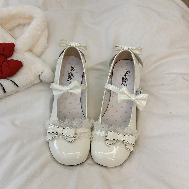 Plus Size Women's Shoes Round Toe Shallow Mouth Bow Mary Jane Small Leather Lace Fashion Square Heel Single Shoes