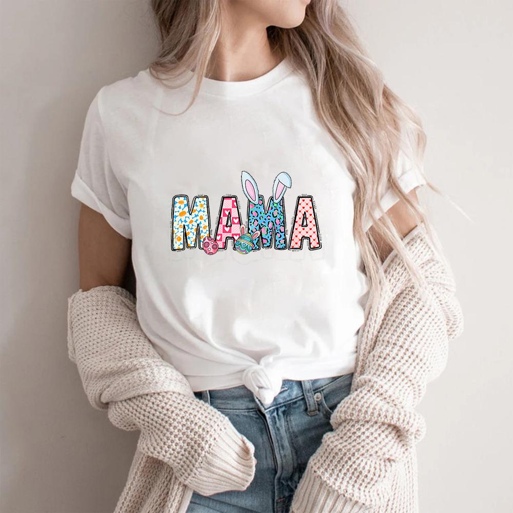 Easter Mama Bunny Graphic Tees Cute Colorful and Leopard Print Letter Designs for Spring Holiday Top Shirts for Women