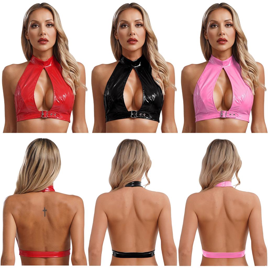 Dámské bez zad Výstřih přední košilka Vesta Topy Halter Noční klub Nošení Spodní prádlo Leather Crop Top latex bustier