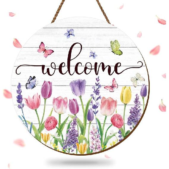 Summer Flower Welcome Door Sign Tulip Wooden Hanging Sign Floral Butterfly Door Hanger Sign for Spring Summer Holiday Indoor Outdoor Farmhouse Home