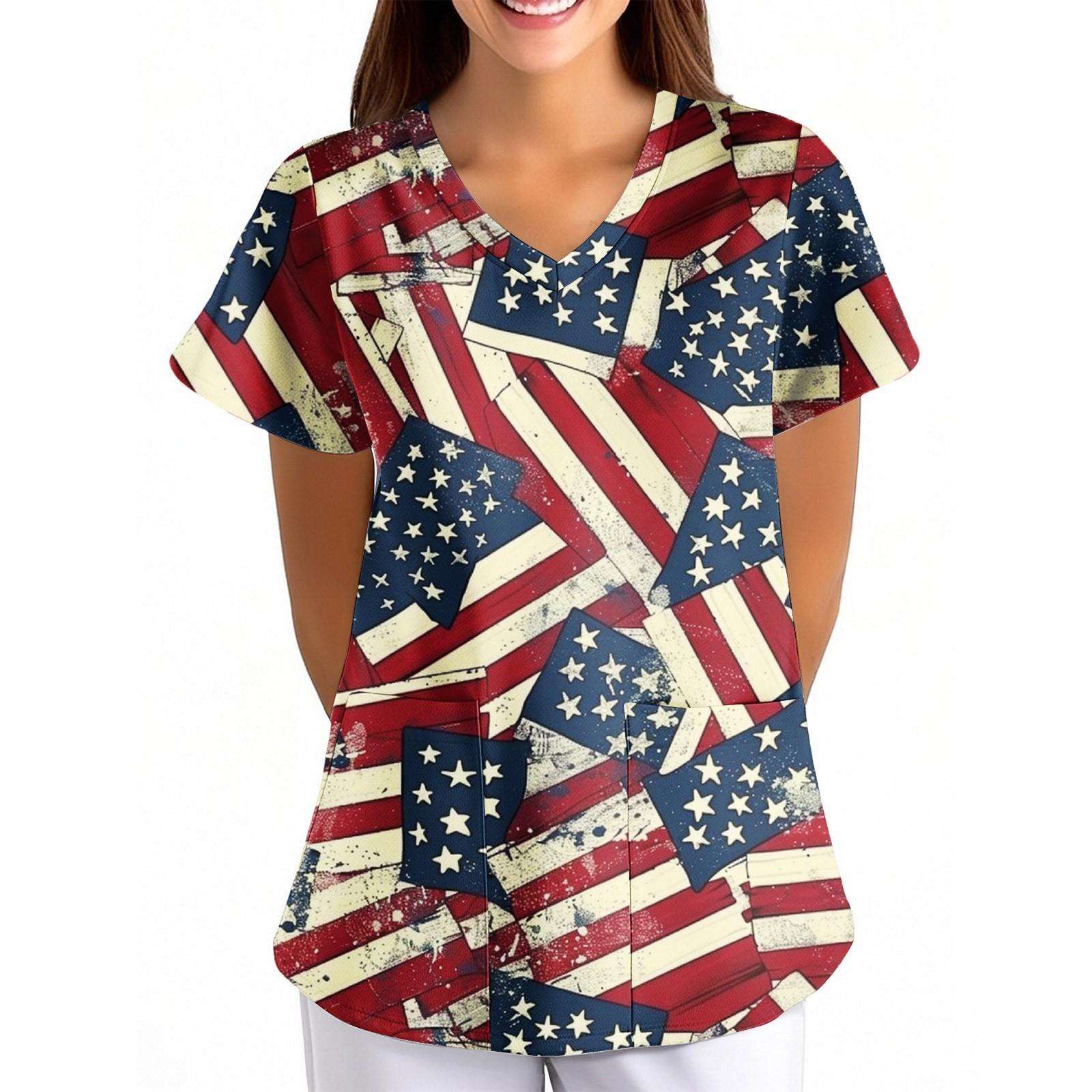 

Женская униформа с принтом Дня независимости, свободная, с V-образным вырезом, карманом и коротким рукавом винный