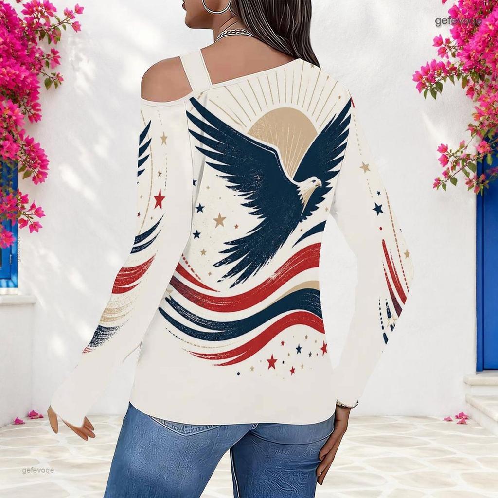 Women Plus Size Asymmetric Cutout Neck Cold Shoulder Long Sleeve Eagle Star Stripe Print Shirt
