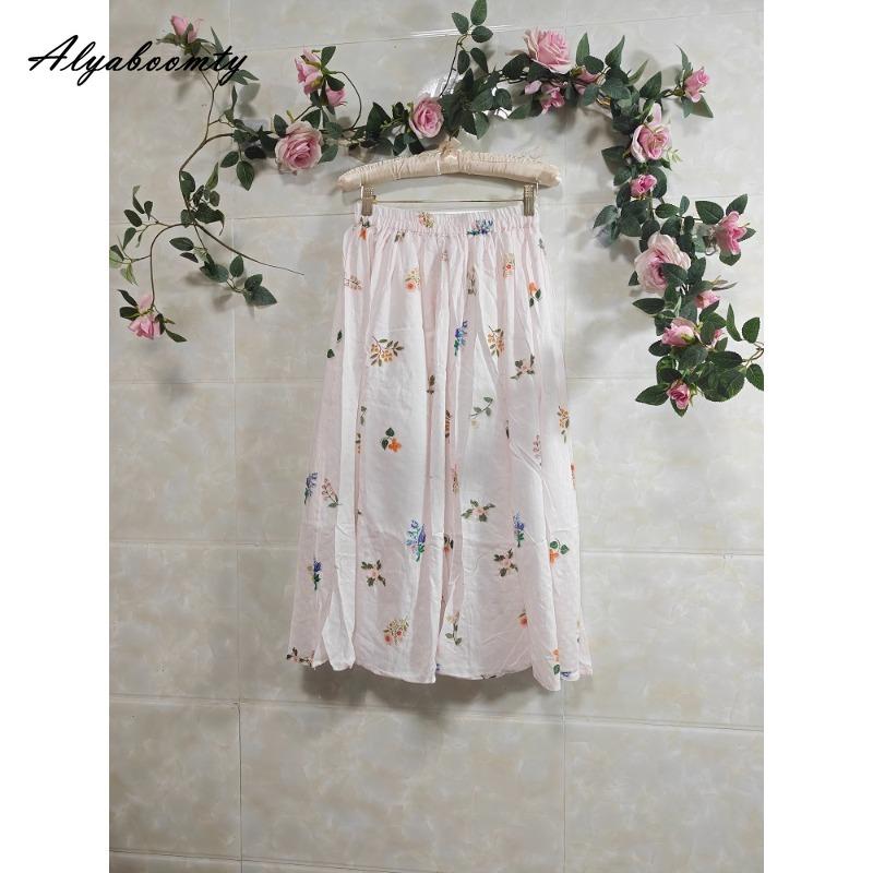 Prairie Chic Spring Summer Women Midi Skirt Elastic Waist Light Pink Floral Print A-Line Skirt Elegant Feminine Sweet Skirts Womens