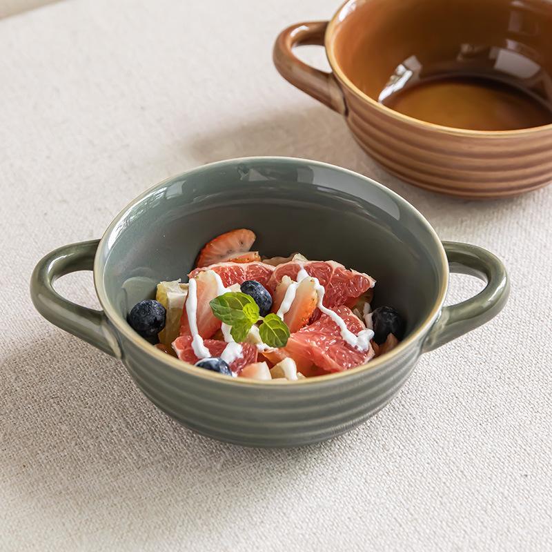 Retro Creative Ring Pattern Ceramic Binaural Bowl Salad Bowl Household Solid Color Tableware Bowl Irregular Soup Bowl Fruit Bowl